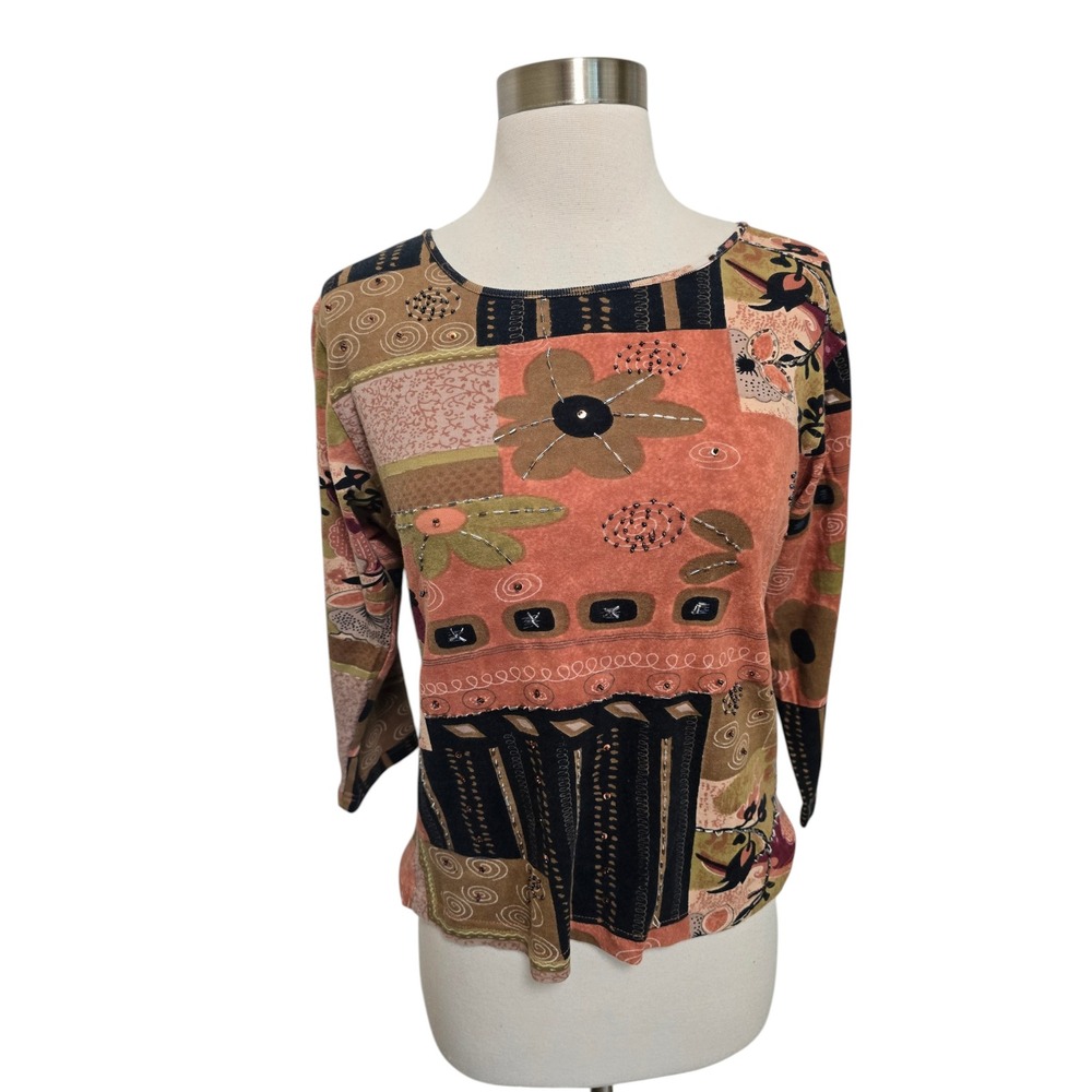 Womens Y2K Vintage 3/4‎ Sleeve T Shirt Size Small Graphic Print Beaded